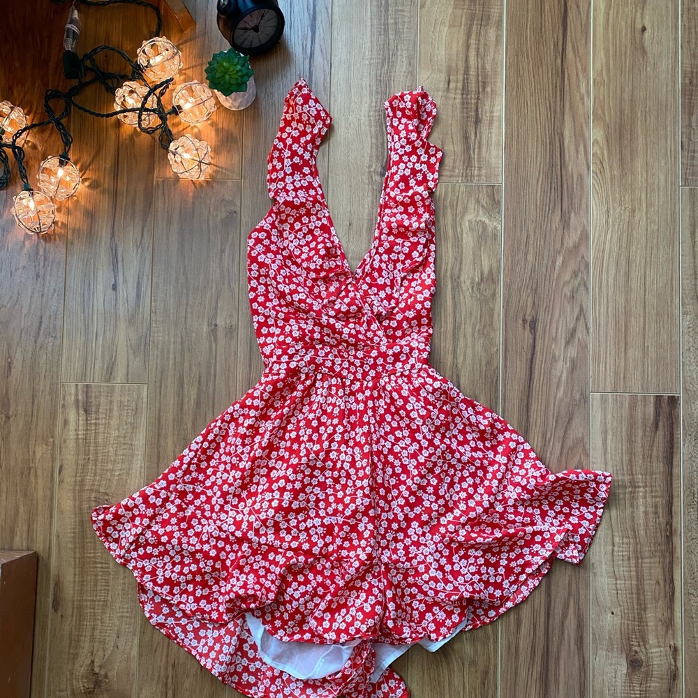 Boho Backless Red Floral Romper